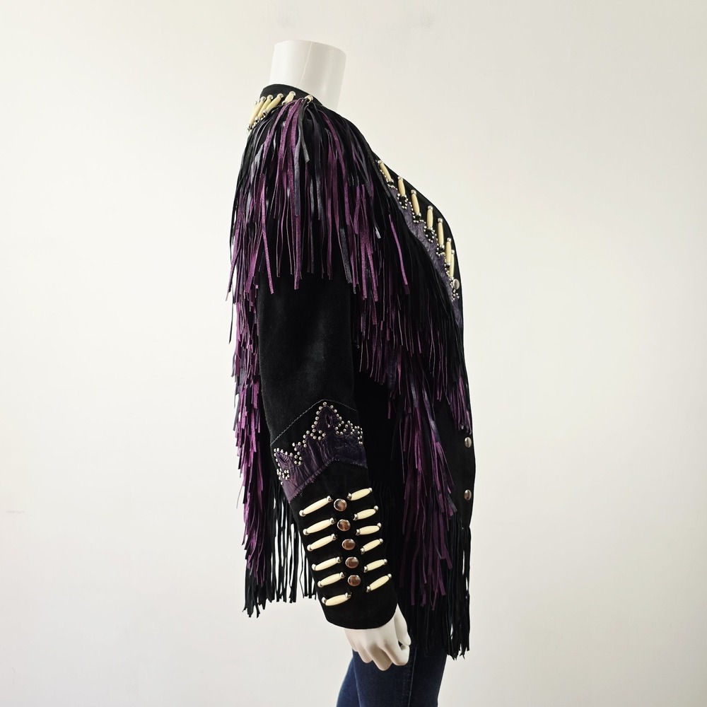 Leather Gallery Western Fringe Suede Jacket Cowgirl Southwest Beaded Size M Snap - Picture 9 of 15